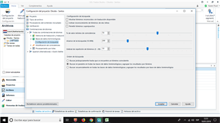 Trados Studio settings window with options for automated actions such as 'Check minimum match value' and 'Update document structure'.