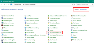 Windows Control Panel window with 'View by: Small icons' selected. 'Programs and Features' is highlighted in red.