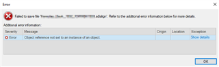Error message in Trados Studio stating 'Failed to save file' with details showing an error: 'Object reference not set to an instance of an object'.