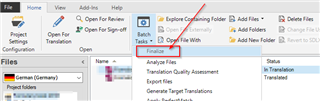 Trados Studio interface showing the 'Batch Tasks' dropdown menu with an arrow pointing to the 'Finalize' option.
