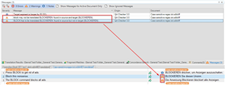 Trados Studio QA Checker 3.0 interface showing a warning message for a regular expression error, with red arrows pointing to the issue and the QA Checker panel.