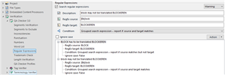 Trados Studio Regular Expressions settings window with fields for Regex input and description, showing an example for the word 'BLOCKERS' with options for case sensitivity.