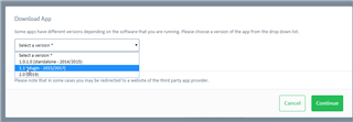 Download App window with version selection dropdown showing Trados Studio versions 2019 SR2, 2021, and 2021 SR1.