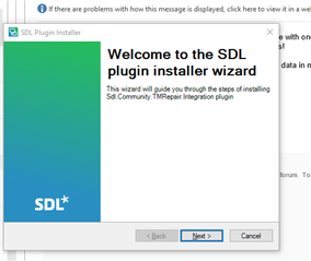 SDL Plugin installer window with the title 'Welcome to the SDL plugin installer wizard' for Sdl.Community.TMRepair Integration plugin.