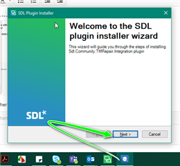 SDL Plugin installer window with a green arrow pointing to the 'Next' button, indicating to proceed with the installation.