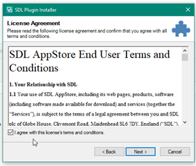 SDL Plugin Installer License Agreement window with checkbox to agree with SDL AppStore End User Terms and Conditions.