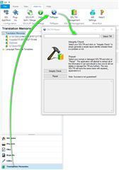 Trados Studio interface showing the Translation Memories View with 'Add-Ins' tab selected and a green arrow pointing to the newly installed plugin.