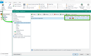 Trados Studio screenshot showing Project Settings window with Translation Memory and Automated Translation tab open. A Translation Memory is listed with a red exclamation mark indicating an issue.