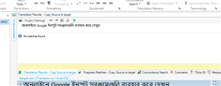 Trados Studio screenshot showing the Translation Results window with a message 'No matches found' and a project Google logo highlighted in yellow.