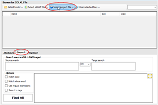 Trados Studio screenshot showing the 'Browse for SDLXLIFF' dialog with an option to 'Select project file' highlighted in red.