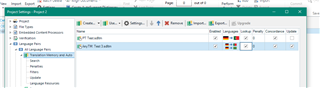 Trados Studio Project Settings window showing Language Pairs section with German to Portuguese main TM not selected for updating and an additional German to Brazilian Portuguese TM.