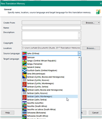 Trados Studio 2017 New Translation Memory window showing a dropdown list of available languages including various Serbian language options.