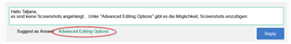 Email content with a highlighted section reading 'Advanced Editing Options' indicating where to insert screenshots in Trados Studio.