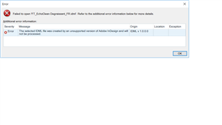 Error message window in Trados Studio stating 'Failed to open ITD: CustomDictionariesITDFilter'. It indicates the selected file was created by an unsupported version of Adobe InDesign and cannot be processed.