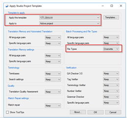 Trados Studio 'Apply Studio Project Template' dialog box with 'Apply to template' field highlighted, showing a dropdown menu with 'File Types' selected and 'Override' option checked.