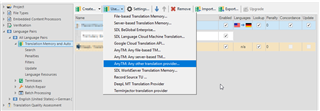 Trados Studio screenshot showing the 'AnyTM' option selected under 'Translation Memory and Automated Translation' menu.