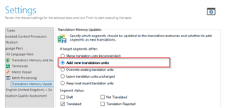 Trados Studio settings window with 'Translation Memory and Automated Translation' selected on the left panel. 'Add new translation units' option is highlighted in red under 'Translation Memory updates'.