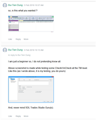 Screenshot of a Trados Studio forum post by Evzen questioning the storage of numbers in a TM.