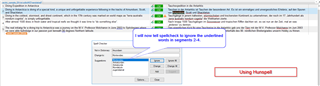 Trados Studio screenshot showing a spellcheck error highlighted in red with a suggestion box offering the correct spelling and an annotation explaining the error.