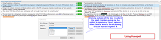 Trados Studio screenshot with a spellcheck error underlined in red, a suggestion box with the correct term, and an annotation discussing dictionary updates and Hunspell usage.