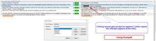 Trados Studio screenshot displaying a spellcheck error with the correct suggestion highlighted, accompanied by an annotation about selecting the right dictionary and Hunspell integration.