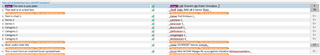 Editor view in Trados Studio showing source and target language columns with text segments and some segments highlighted in orange.