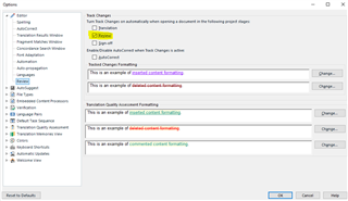 Trados Studio options menu with Track Changes settings, showing options to enable track changes automatically and examples of different formatting.