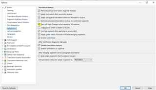 Trados Studio options menu under Automation tab, showing an unchecked box for 'Confirm all segments after document changes'.