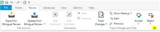 Trados Studio Review ribbon toolbar with Track Changes and TQA section, highlighting the down arrow for accessing settings.