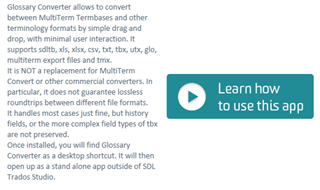 Screenshot of Glossary Converter app description highlighting its ability to convert between MultiTerm Termbases and other terminology formats with minimal user interaction.