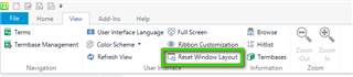 Trados Studio screenshot showing the 'Reset Window Layout' option highlighted in the View tab.