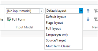 Dropdown menu in Trados MultiTerm with 'Default layout' selected and other layout options listed.