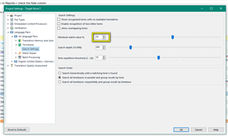 Trados Studio Project Settings window showing the 'Minimum match value' field set to 100% under the 'Search' tab.