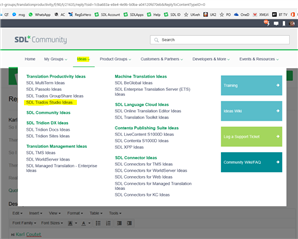 Screenshot of SDL Community webpage with the Ideas link highlighted at the top menu bar, and the Translation Productivity Ideas page open showing various idea categories.