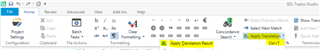 Trados Studio screenshot showing the top toolbar with 'Apply Translation' function highlighted in yellow.