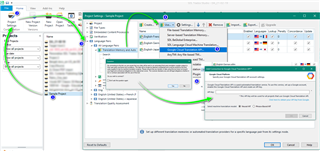 Trados Studio screenshot with multiple windows open, including Project Settings for 'Sample Project' and a dialog box to enter Google Translate API key.