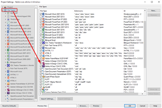 Trados Studio Project Settings window with File Types list, 'Microsoft Word 2007-2019' type is selected and ticked.