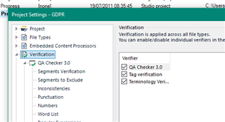 Trados Studio Project Settings window showing Verification options with QA Checker 3.0, Tag verification, and Terminology Verification checkboxes.