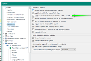 Trados Studio Options menu with Editor settings open, showing a green arrow pointing to the unchecked option 'Apply Automated Translation when no TM match found.'