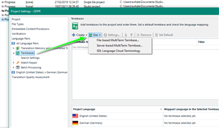 Trados Studio screenshot showing the 'Add Termbase' dialog with an arrow pointing to the 'Add' button. Project language is set to German with no Termbase selected yet.