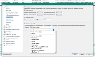 Trados Studio font adaptation settings window showing options for minimum source font size, minimum target font size, and a dropdown for font language with Finnish selected.