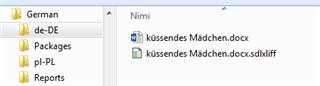 Trados Studio project folder showing German de-DE directory with files 'kuessendes Maedchen.docx' and 'kuessendes Maedchen.docx.sdlxliff'.