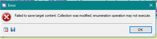 Error message in Trados Studio stating 'Failed to save target content: Collection was modified; enumeration operation may not execute.' with an OK button.