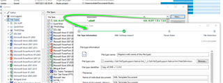 Trados Studio screenshot showing the File Types window with a custom XML file type selected. An arrow points to the 'Import' button, indicating the action being taken.