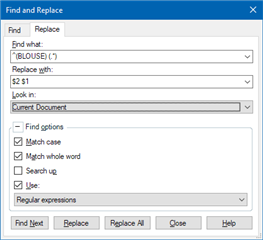 Trados Studio Find and Replace dialog box showing 'Find what: (BLOUSE)' and 'Replace with: $2 $1' with 'Regular expressions' checked.