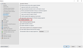 Trados Studio Options dialog box with Editor settings showing Automation tab. LookAhead feature is unchecked as per instruction.