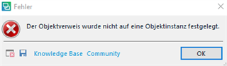 Error message in Trados Studio stating 'Der Objektverweis wurde nicht auf eine Objektinstanz festgelegt' with an OK button and links to Knowledge Base and Community.