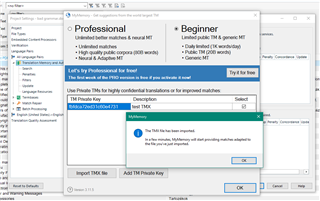 Trados Studio Professional and Beginner version comparison with an error message box stating 'The TMX file has been imported. A few minutes, you may start proofreading matches adapted to the new document alignment.'