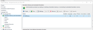 Trados Studio Translation Memory and Automated Translation window showing an error message 'An error has occurred in creating or using a translation memory, or accessing automated translation services.'