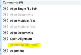 SDL Trados Studio 2019 Commands menu with 'Alignment Edit Mode' option highlighted but greyed out and unclickable.
